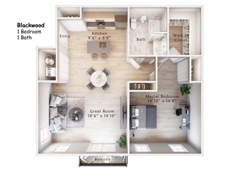Floor plan for 1 bed, 1 bath, 1033 sqft