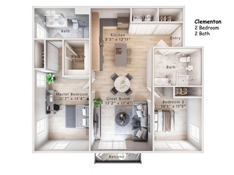 Floor plan for 2 beds, 2 baths, 1095 sqft