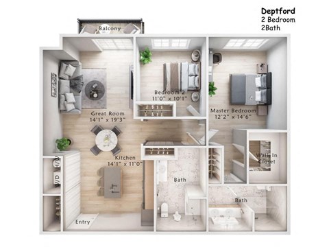 Floor plan for 2 beds, 2 baths, 1187 sqft