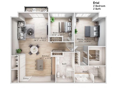 Floor plan for 2 beds, 2 baths, 1282 sqft