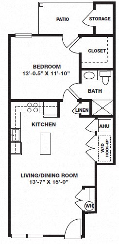 Floor plan for 1 bed, 1 bath, 750 sqft