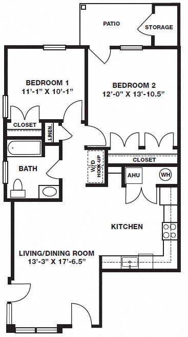 Floor plan for 2 beds, 1 bath, 900 sqft