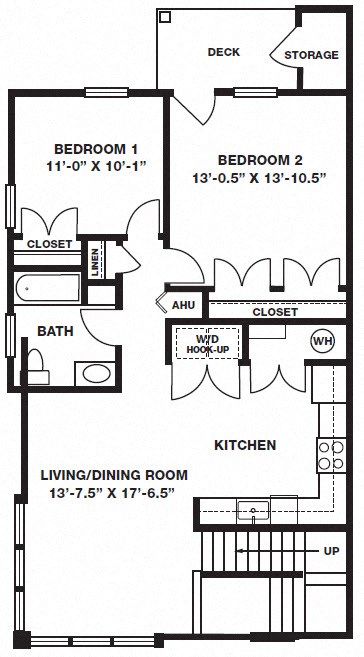 Floor plan for 2 beds, 1 bath, 900 sqft