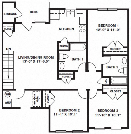 Floor plan for 3 beds, 2 baths, 1150 sqft