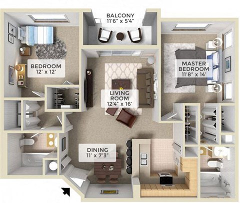Floor plan for 2 beds, 2 baths, 1092 sqft