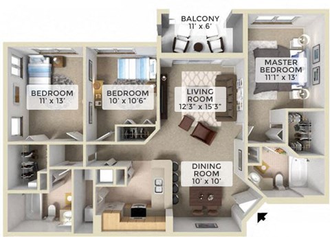 Floor plan for 3 beds, 2 baths, 1214 sqft