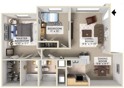 Floor plan for 2 beds, 2 baths, 943 sqft