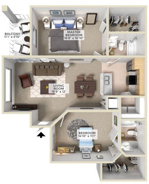 Floor plan for 2 beds, 2 baths, 1021 sqft