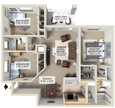 Floor plan for 3 beds, 2 baths, 1176 sqft