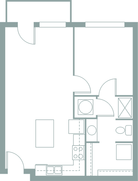 Floor plan for 1 bed, 1 bath, 630 sqft