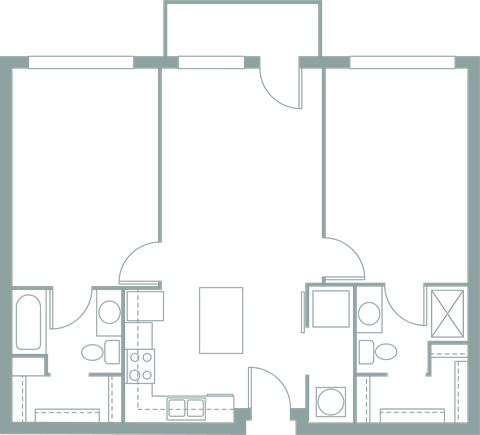 Floor plan for 2 beds, 2 baths, 957 sqft