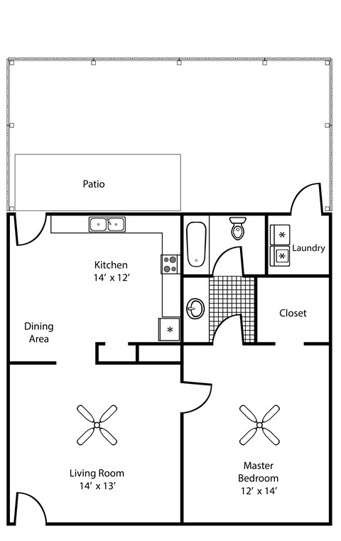 Floor plan for 1 bed, 1 bath, 723 sqft