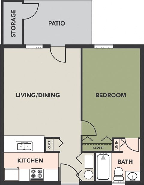 Floor plan for 1 bed, 1 bath