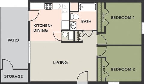 Floor plan for 2 beds, 1 bath