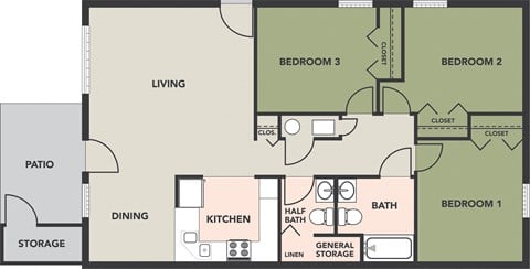 Floor plan for 3 beds, 1.5 baths