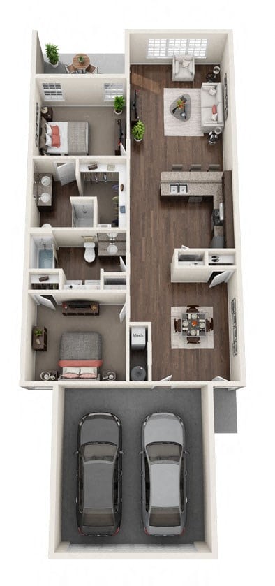 Floor plan for 2 beds, 2 baths, 1317 sqft