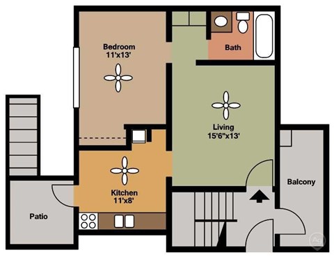Floor plan for 1 bed, 1 bath, 730 sqft