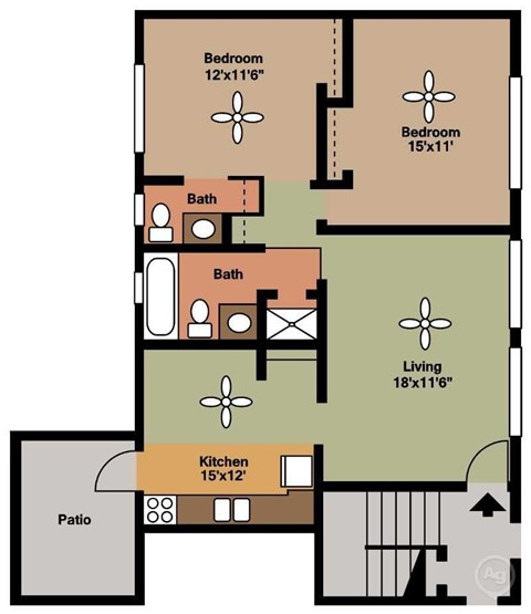 Floor plan for 2 beds, 1.5 baths, 1005 sqft