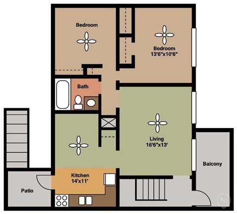 Floor plan for 2 beds, 1 bath, 930 sqft