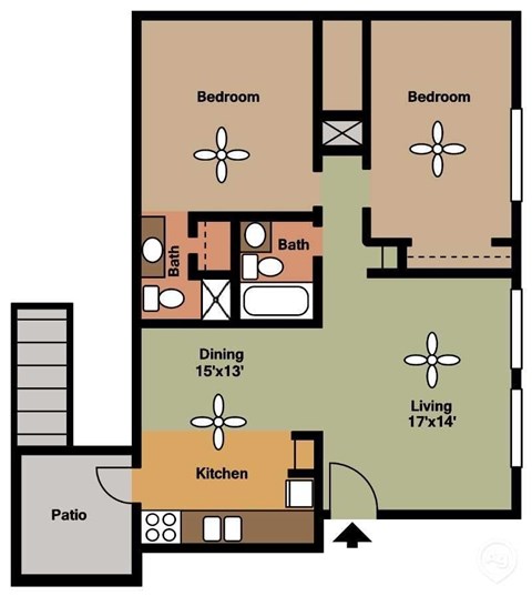 Floor plan for 2 beds, 2 baths, 1140 sqft
