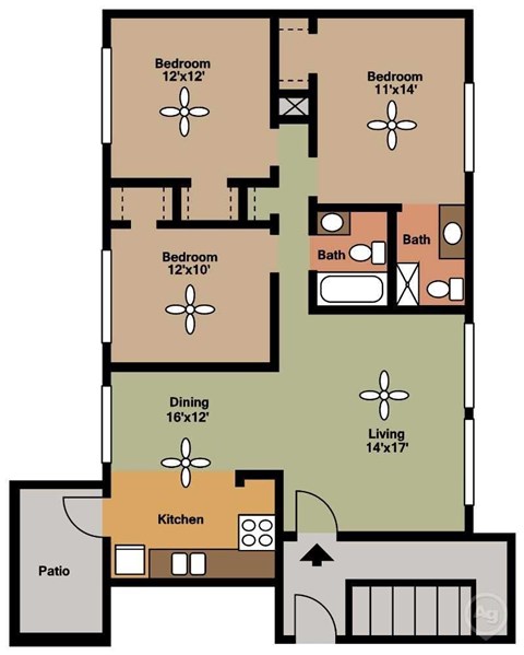 Floor plan for 3 beds, 2 baths, 1200 sqft