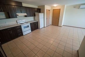 Brandon apartment for rent - an empty kitchen with a white stove and refrigerator