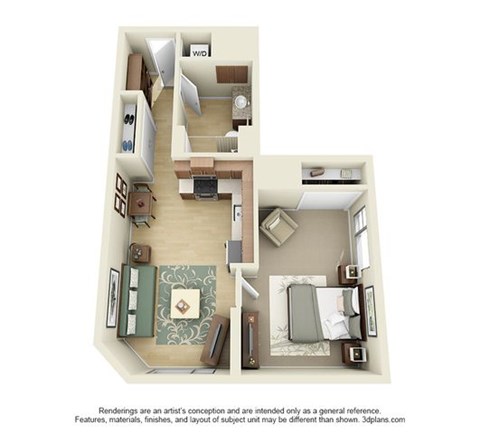 Floor plan for 1 bed, 1 bath, 734 sqft