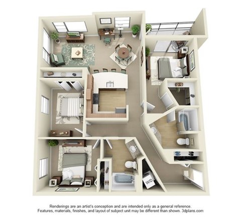 Floor plan for 3 beds, 2 baths, 1271 sqft