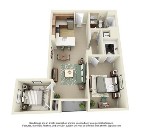 Floor plan for 2 beds, 1 bath, 971 sqft