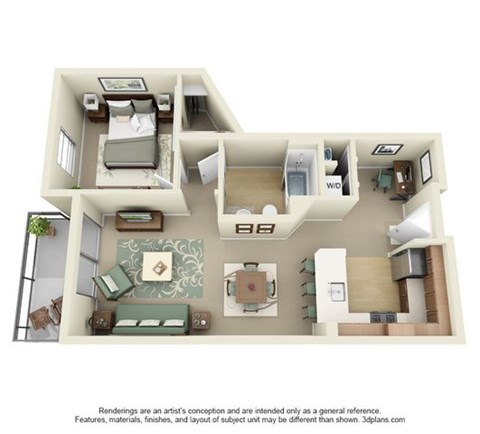 Floor plan for 1 bed, 1 bath, 896 sqft