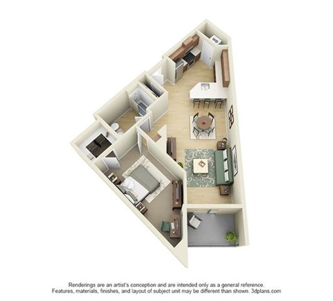 Floor plan for 1 bed, 1 bath, 811 sqft