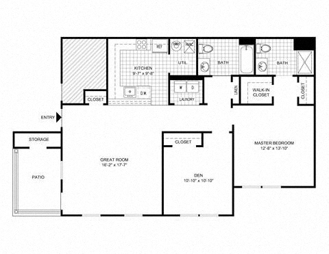 Floor plan for 1 bed, 2 baths, 1100 sqft
