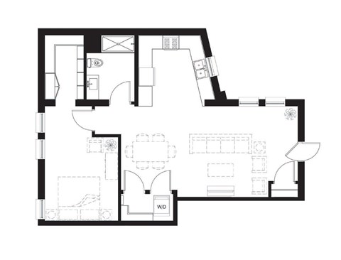 Floor plan for 1 bed, 1 bath, 853 sqft