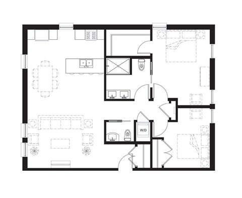 Floor plan for 2 beds, 1.5 baths, 1095 sqft