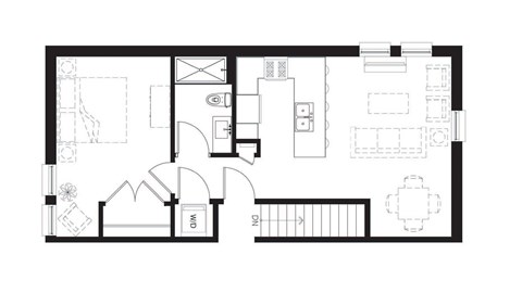 Floor plan for 1 bed, 1 bath, 603 sqft