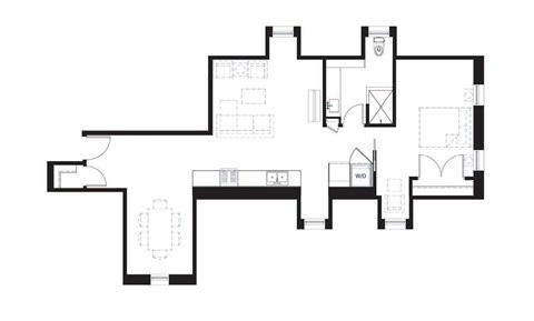 Floor plan for 1 bed, 1 bath, 829 sqft