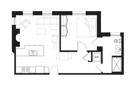 Floor plan for 1 bed, 1 bath, 622 sqft