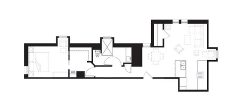 Floor plan for 1 bed, 1 bath, 779 sqft