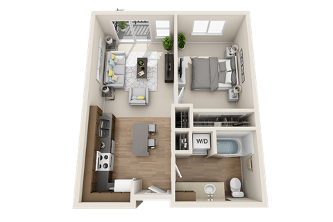 Floor plan for 1 bed, 1 bath, 612 sqft