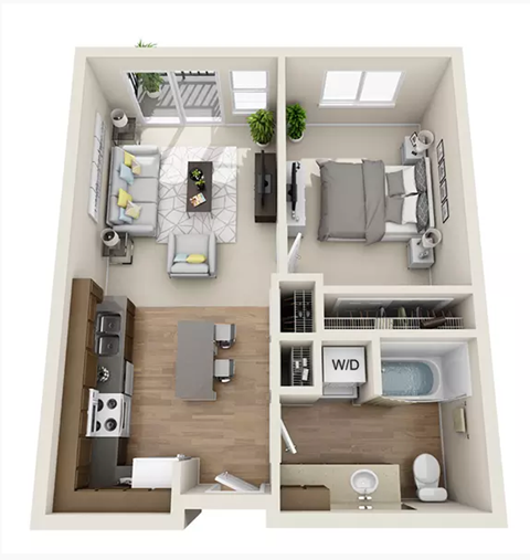 Floor plan for 1 bed, 1 bath, 748 sqft