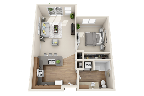 Floor plan for 1 bed, 1 bath, 612 sqft