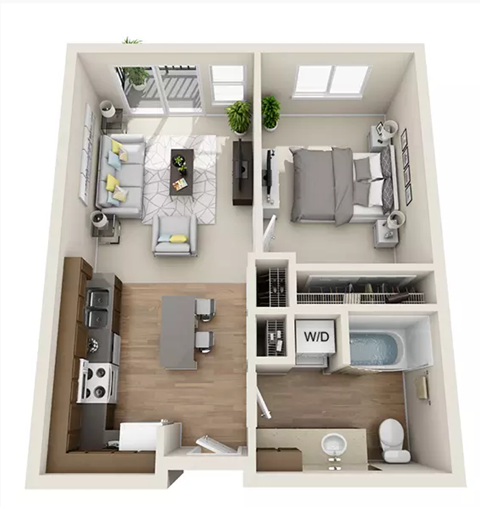 Floor plan for 1 bed, 1 bath, 617 sqft