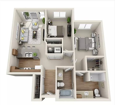 Floor plan for 2 beds, 2 baths, 958 sqft