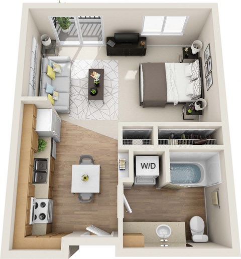Floor plan for 1 bed, 1 bath, 495 sqft