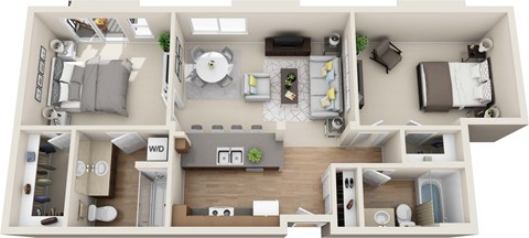 Floor plan for 2 beds, 2 baths, 990 sqft