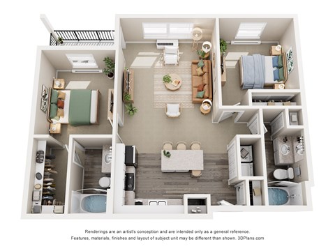Floor plan for 2 beds, 2 baths, 1035 sqft