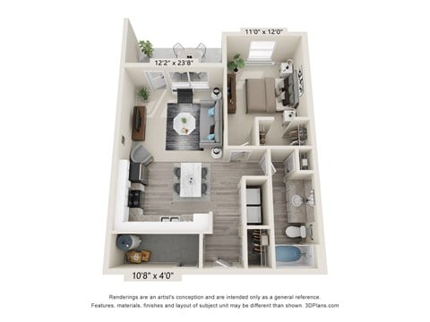 Floor plan for 1 bed, 1 bath, 693 sqft