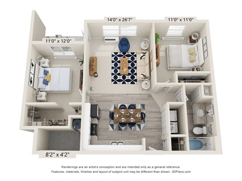 Floor plan for 2 beds, 1 bath, 966 sqft