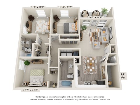 Floor plan for 3 beds, 2 baths, 1222 sqft