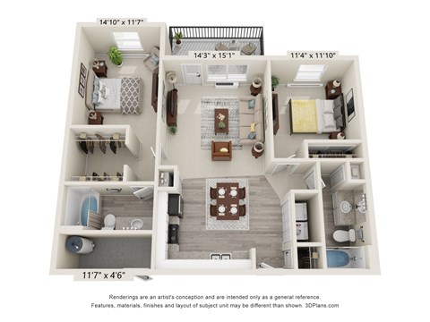 Floor plan for 2 beds, 2 baths, 1035 sqft